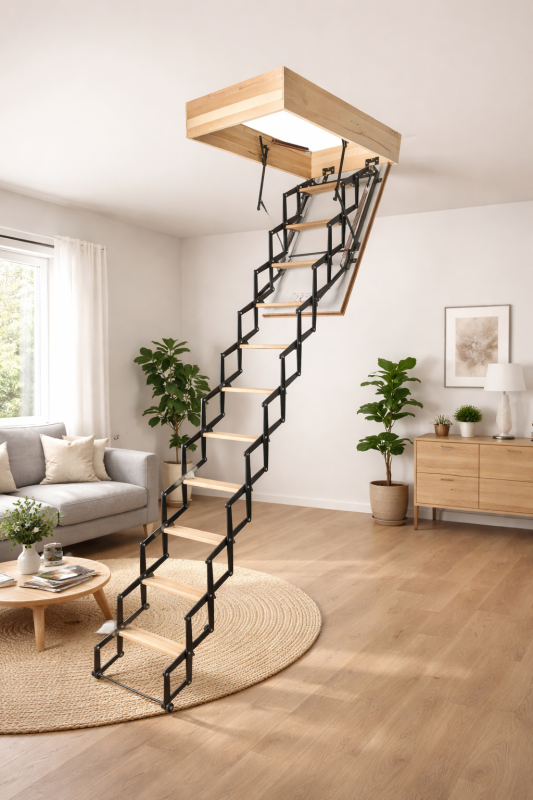 Modern living room with attic ladder